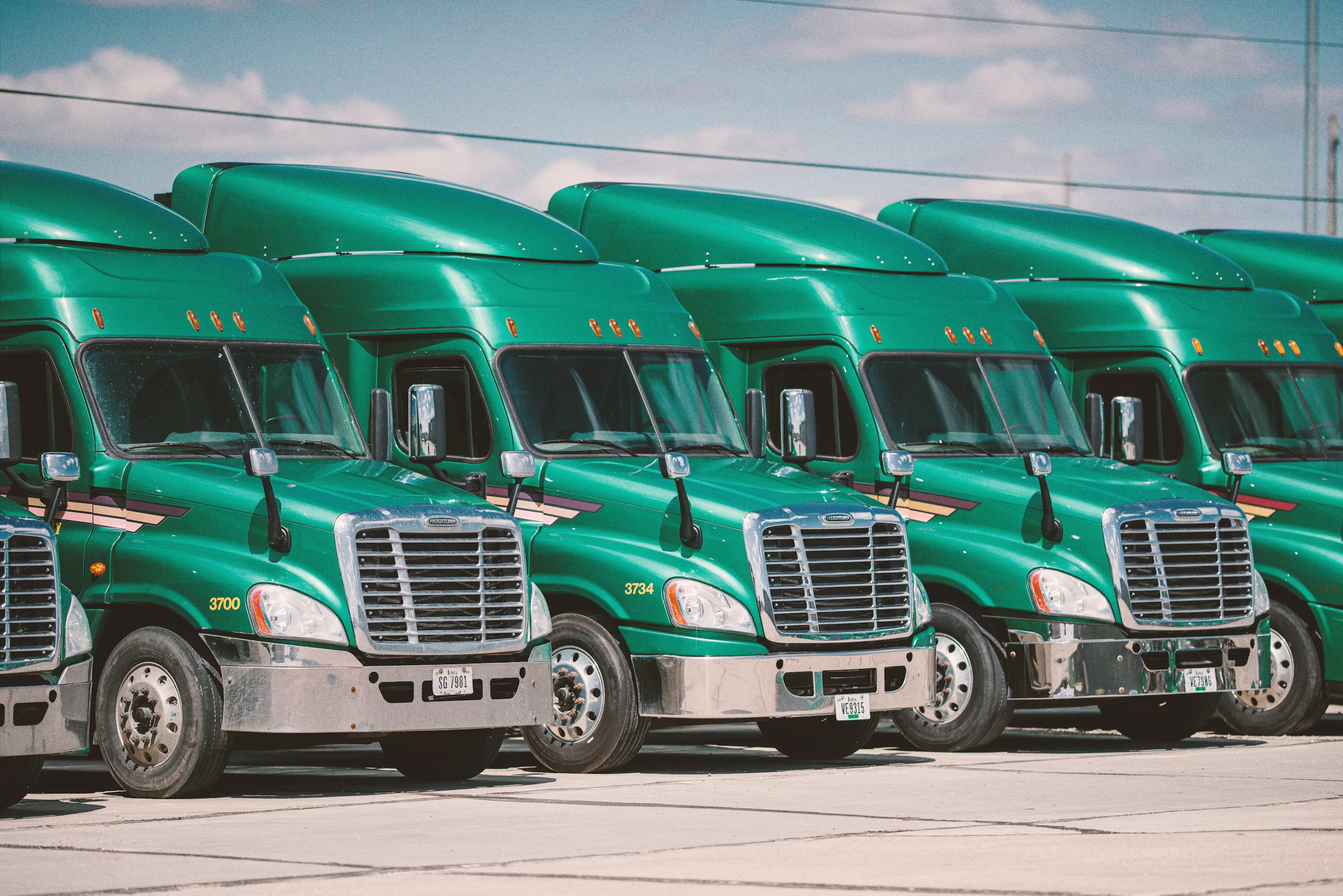 Row of green Freightliner tractors